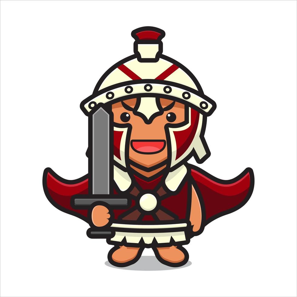 Cute roman knight character holding sword cartoon vector icon illustration