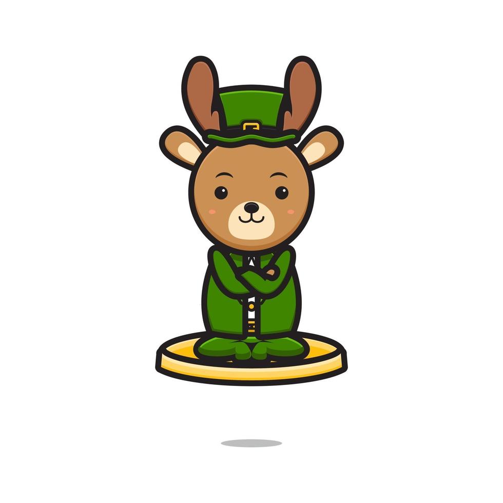 Cute deer leprechaun saint patrick day character flying with gold coin cartoon vector icon illustration