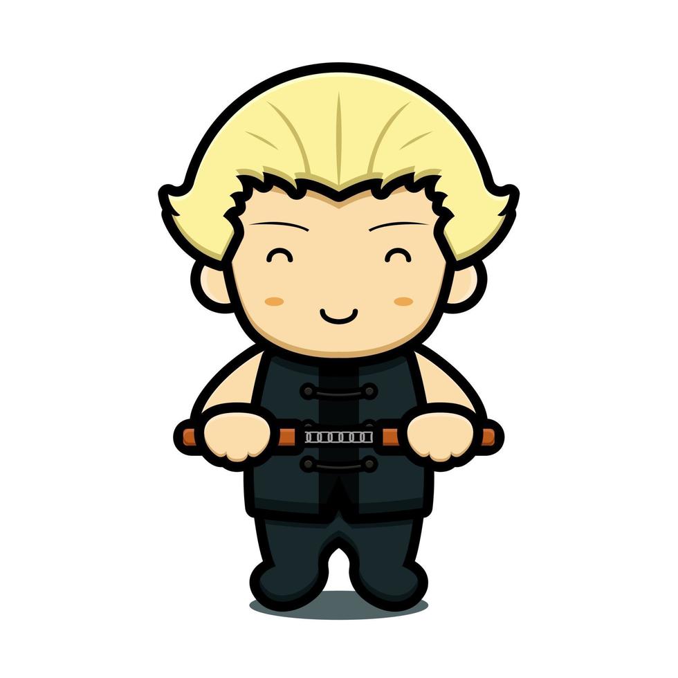 Cute boy martial art mascot character holding chain sticks vector cartoon icon illustration