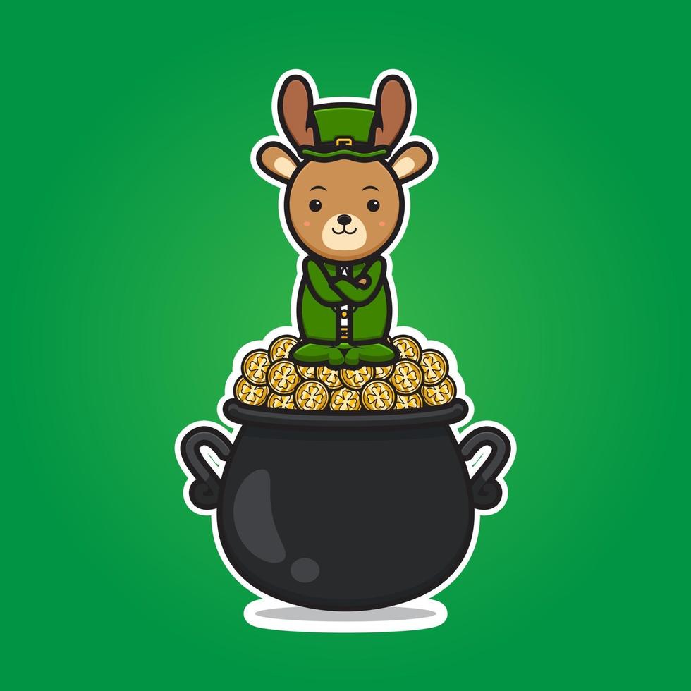 Cute deer leprechaun saint patrick day character sit above gold coin cartoon vector icon illustration