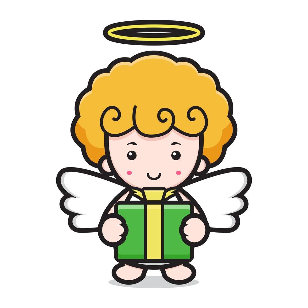 cute angel cartoon character holding box gift vector