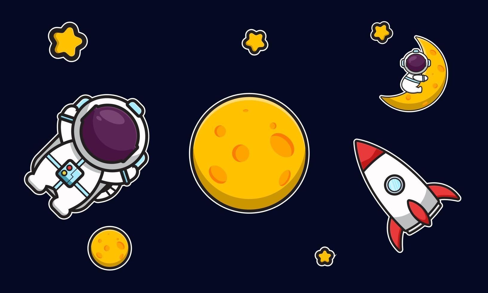 Cute astronaut character with rocket in space cartoon vector icon illustration