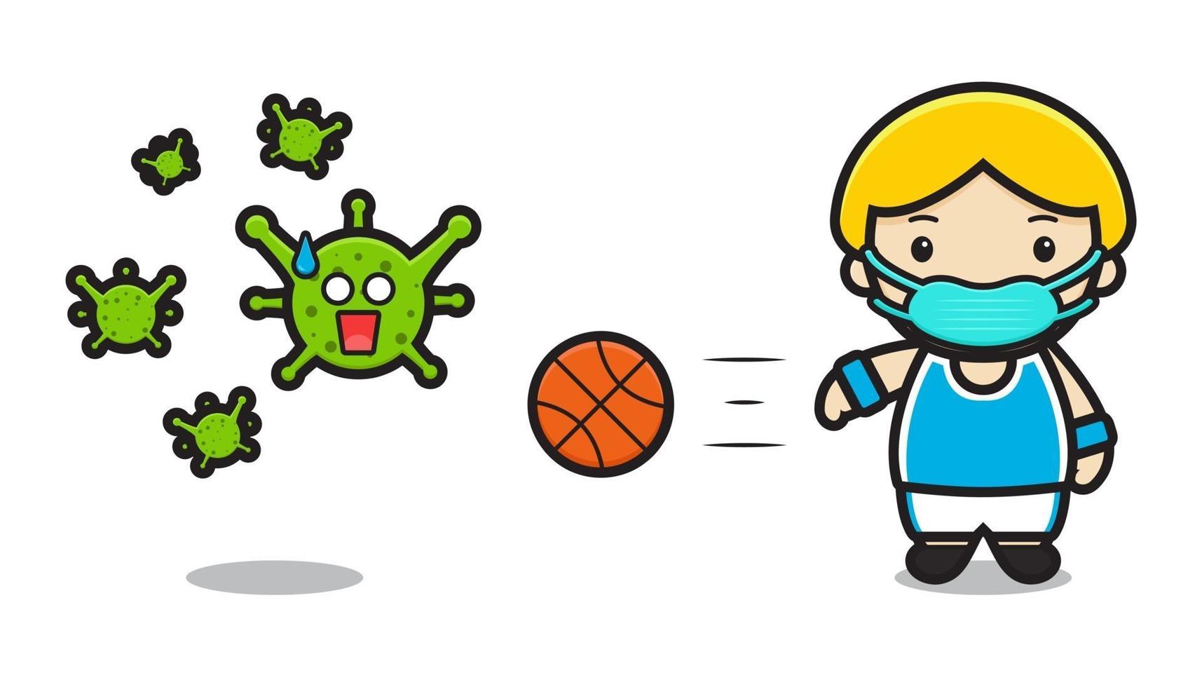 lindo jugador de baloncesto lucha contra el virus de dibujos animados vector icono ilustración