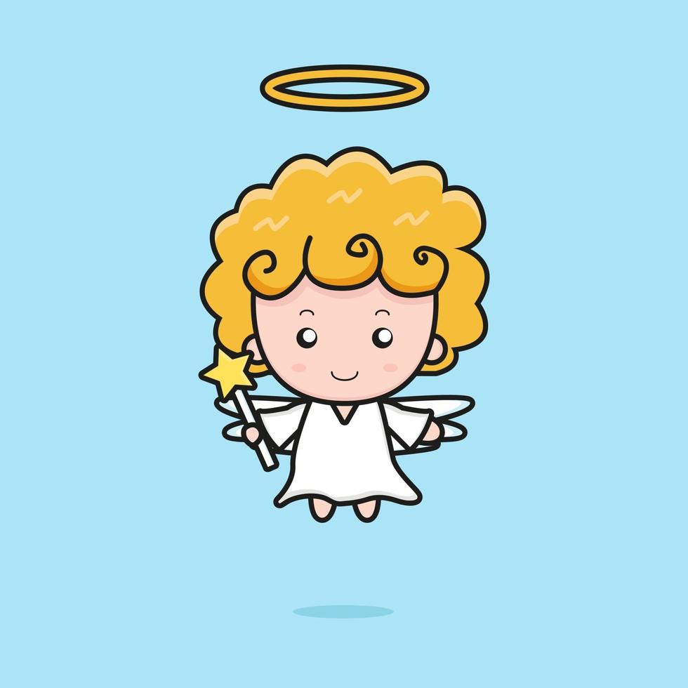 cute angel mascot character illustration with magic wand vector