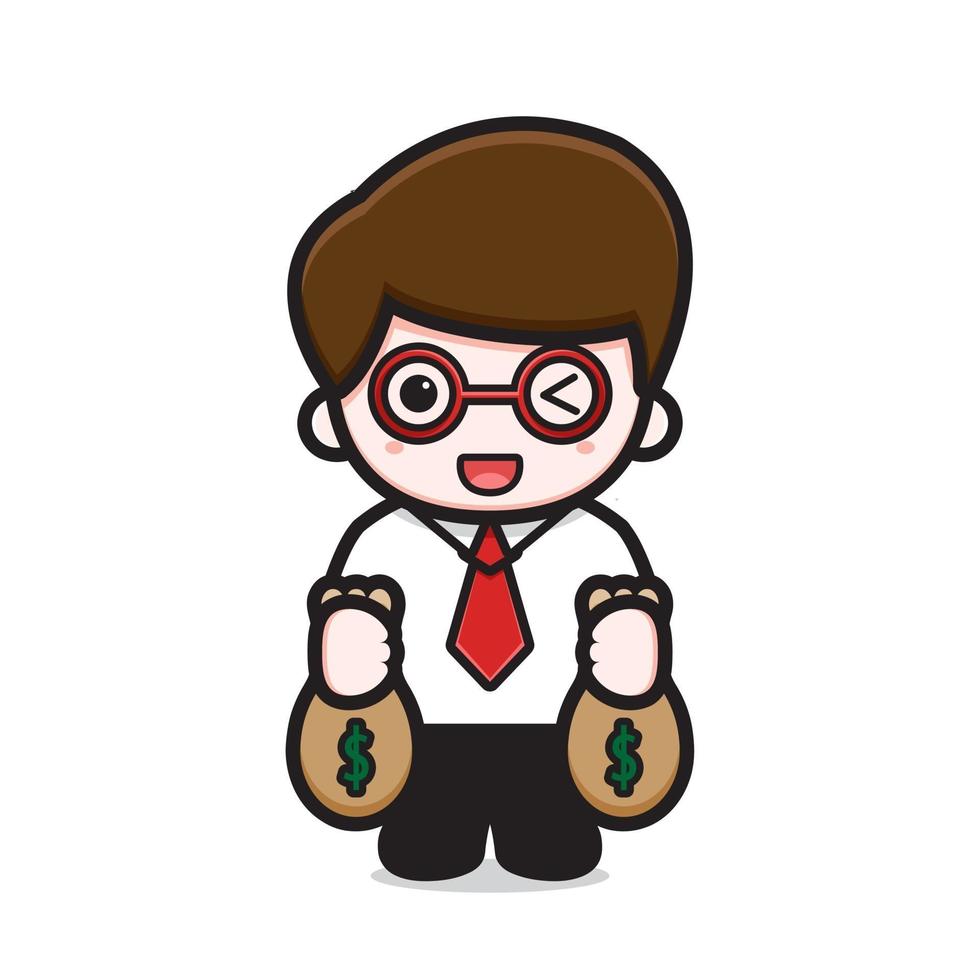 Cute businessman holding money bag character cartoon vector icon illustration