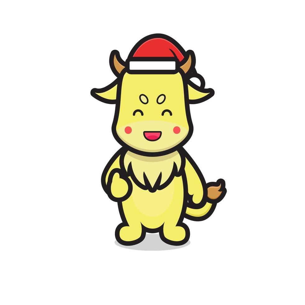 lindo personaje de mascota de buey amarillo con gorro de santa vector