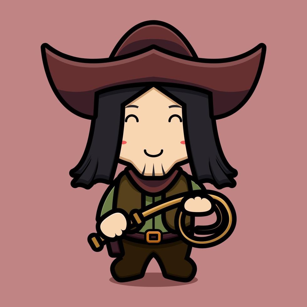 Cute cowboy character holding whip cartoon vector icon illustration