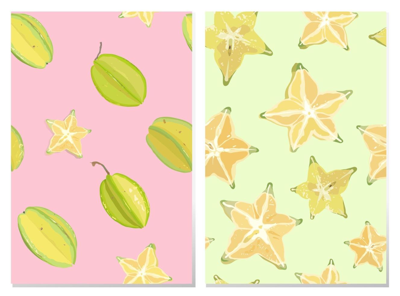 2 Vector seamless pattern of star fruit carambola fruit, whole and slice. on bright pink background