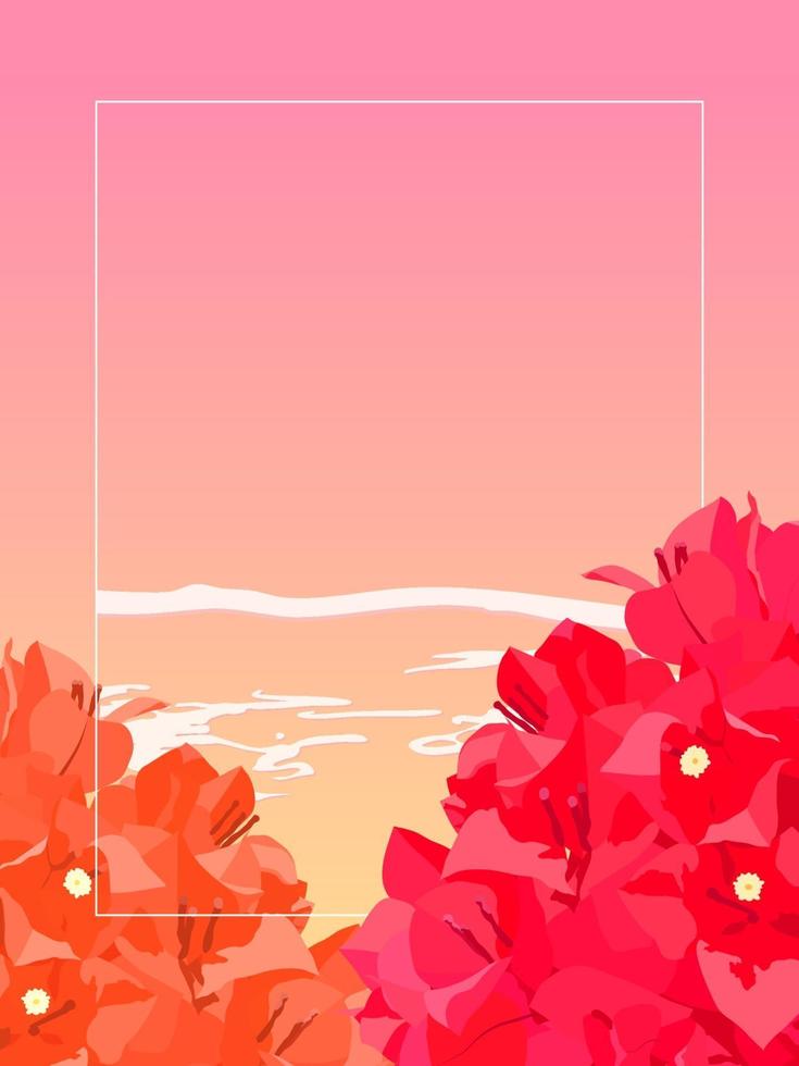 Summer Poster With Tropical  bougainvillea flowers and sea wave background, light beach vibe illustration vector