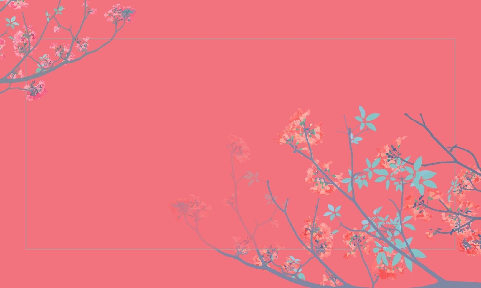 Branch of rosy trumpet, pink poui Tabebuia rosea blossoming. neotropical tree. Vector isolated illustration on red background and place for your text