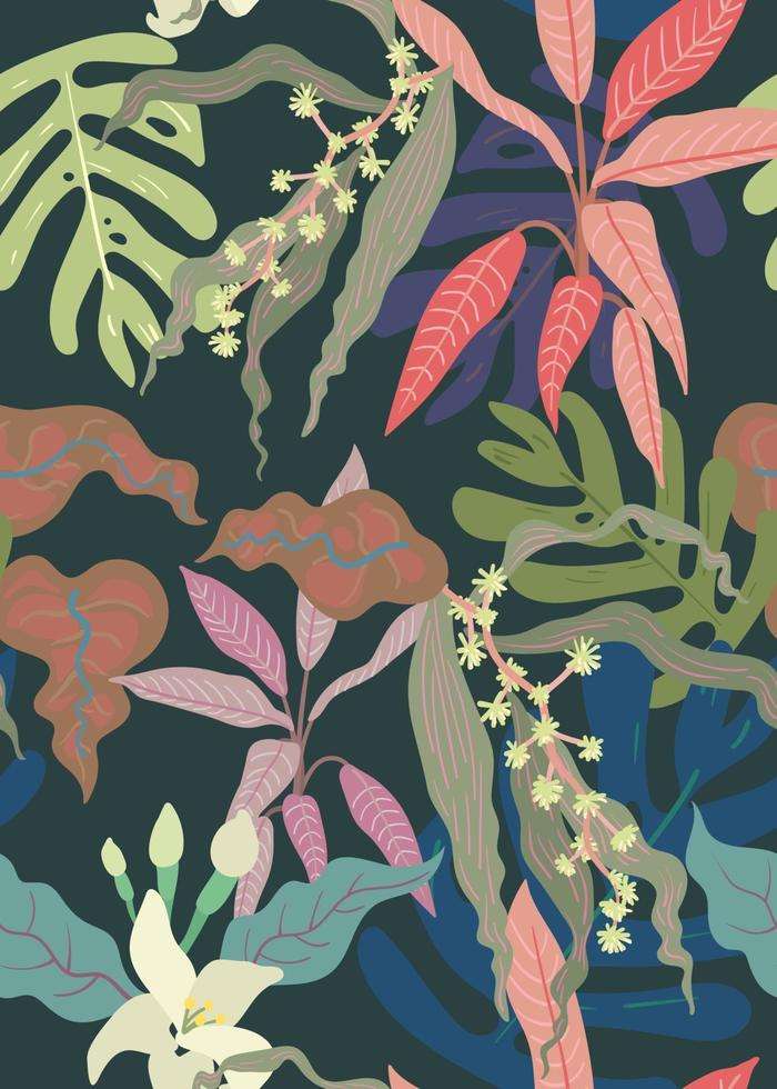 Seamless pattern of exotic plants, vintage modern saturation pastel colour palette, flat minimal hand draw vector