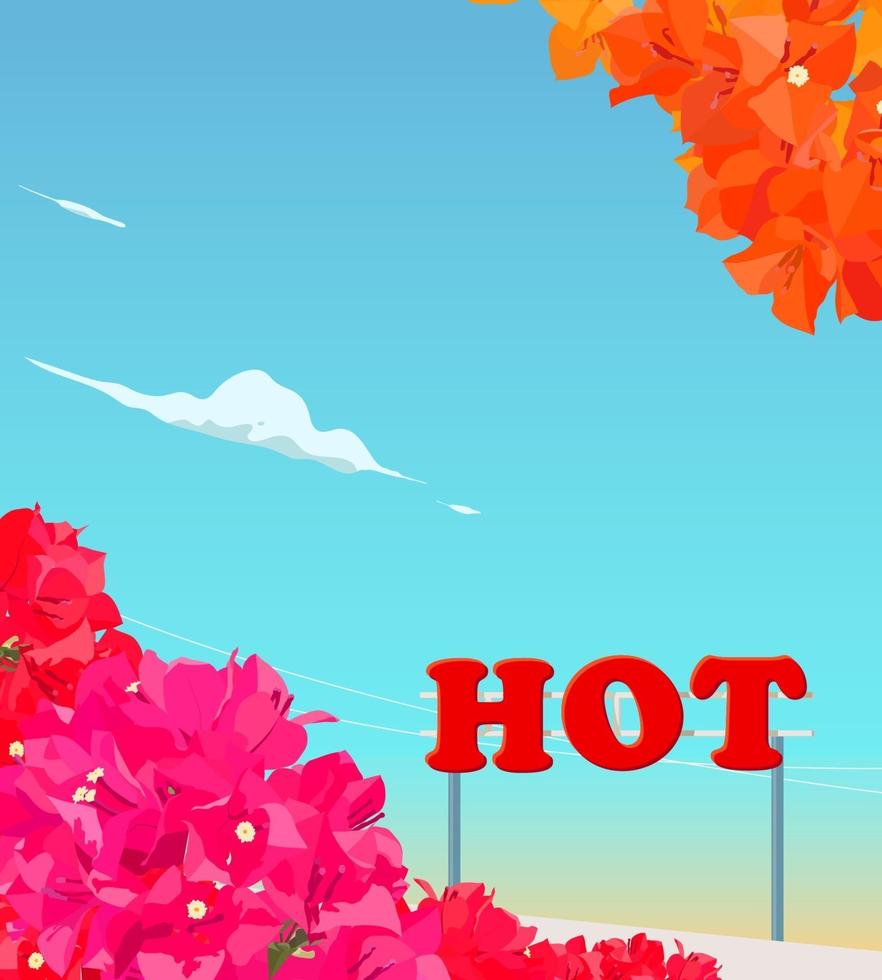 Pink and orange bougainvillea in lonely hot summer day. vector illustration background, template