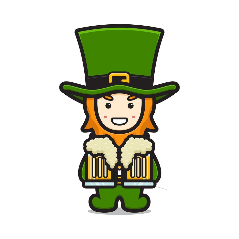 Cute leprechaun saint patrick day character holding beer cartoon vector icon illustration