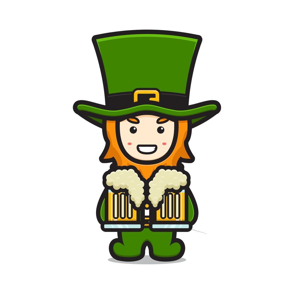 lindo duende personaje del día de san patricio con cerveza ilustración de icono de vector de dibujos animados