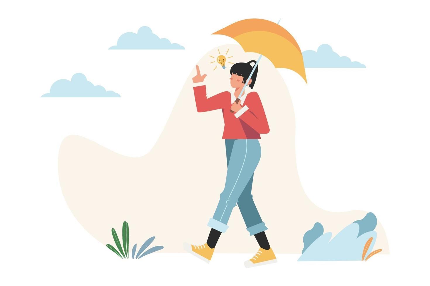 Girl brainstorming under the umbrella to find idea vector