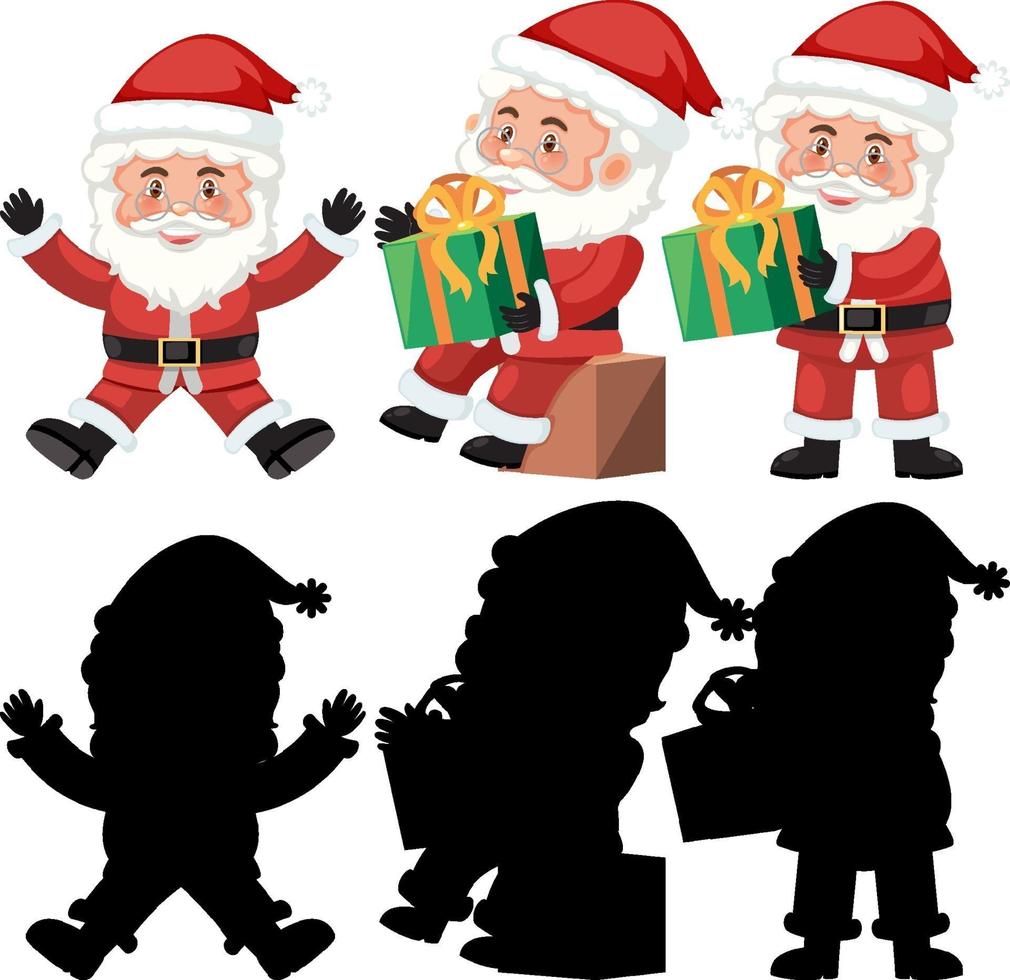 Set of Santa Claus cartoon character with silhouette vector