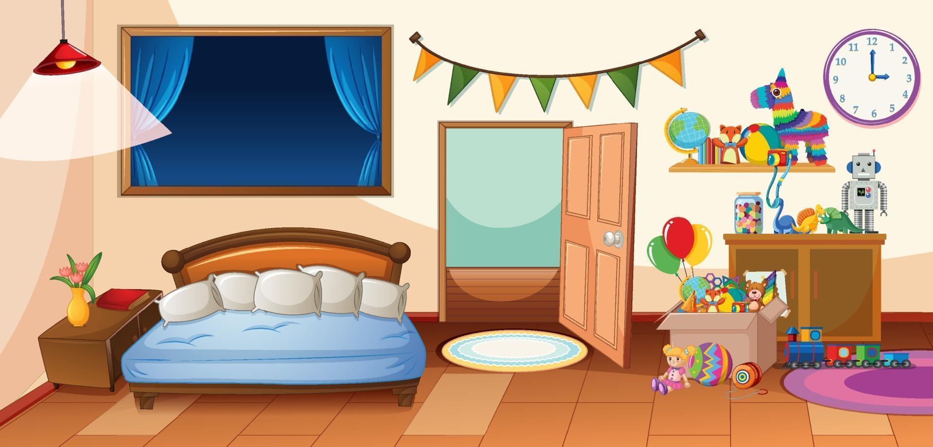 Interior De La Habitación. Dormitorio, Salón De Dibujos Animados,  Dormitorio Infantil Con Muebles. Habitación Juvenil Con Cama, Habitación  Infantil O Infantil Con Juguetes Y Cuadros. Ilustraciones svg, vectoriales,  clip art vectorizado libre