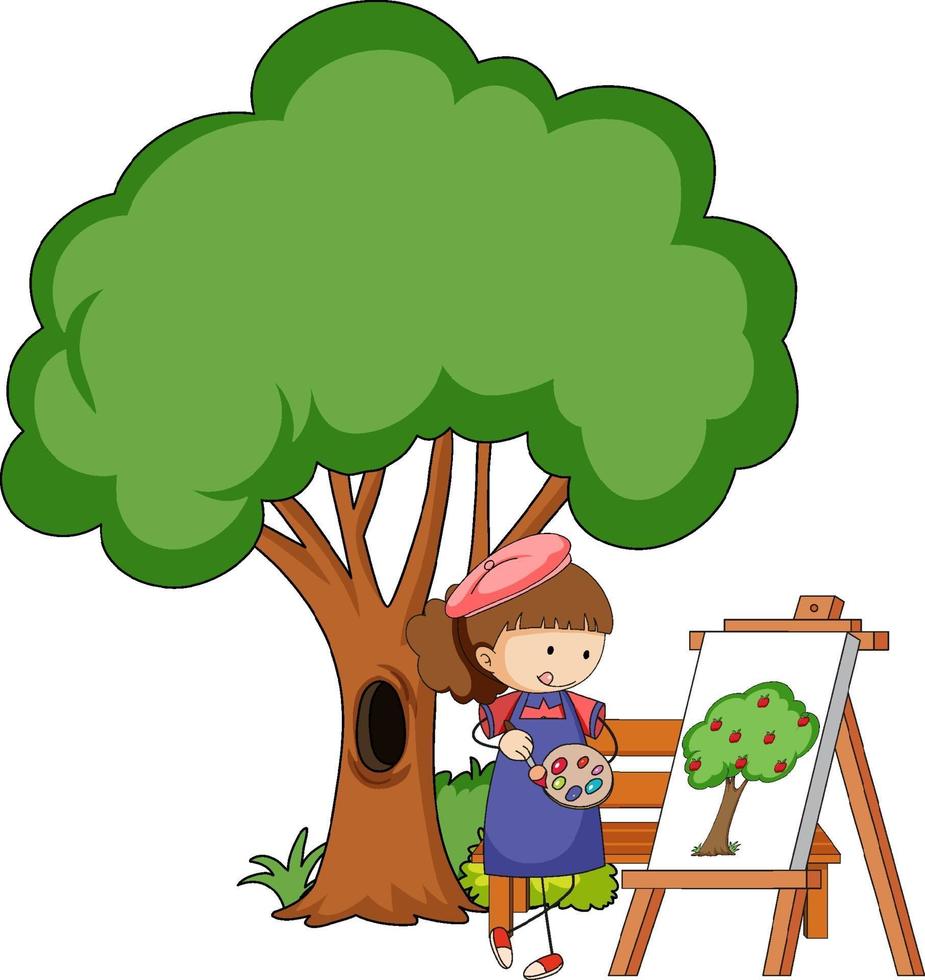 Pequeño artista dibujando una imagen de árbol aislado sobre fondo blanco. vector