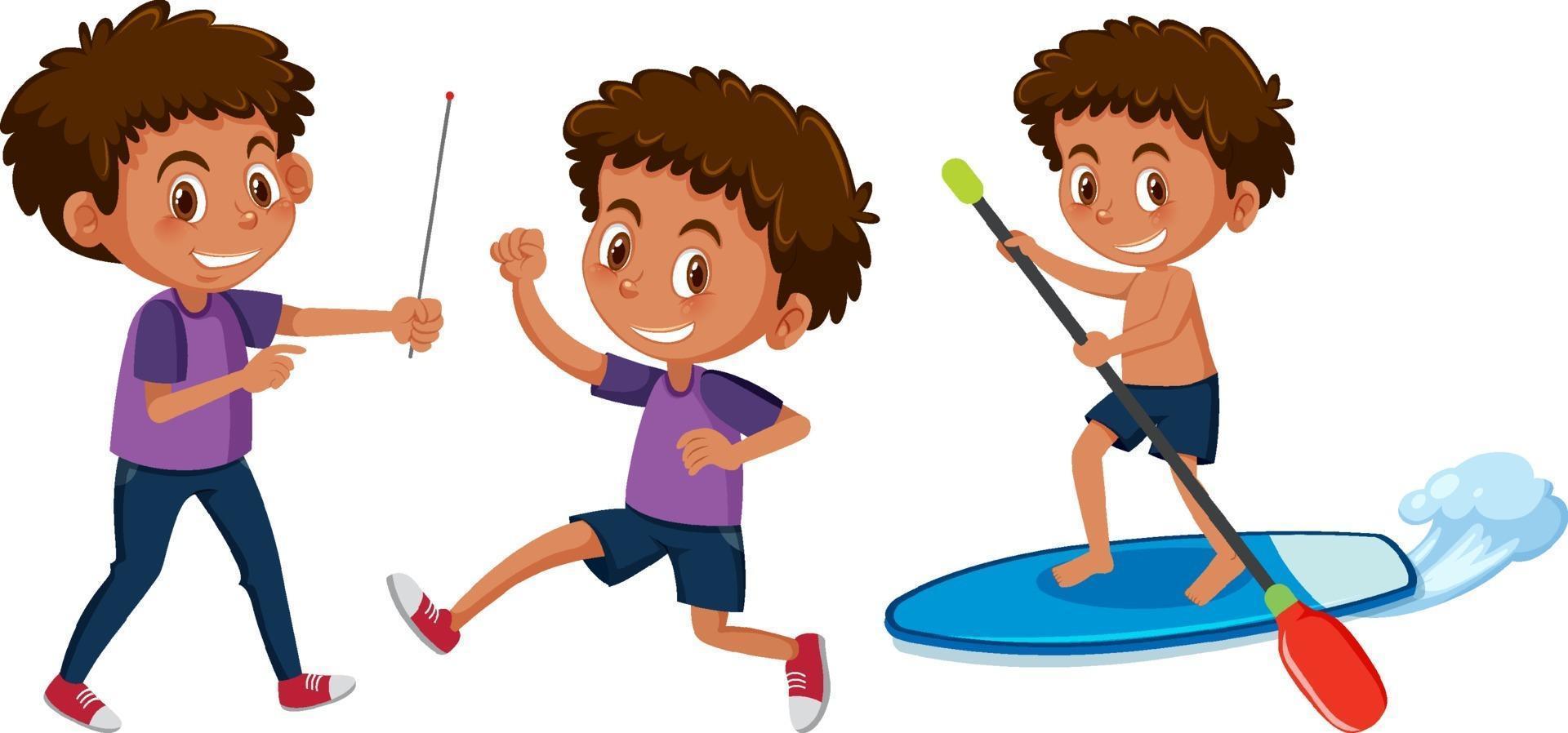 Set of a boy cartoon character doing different activities vector