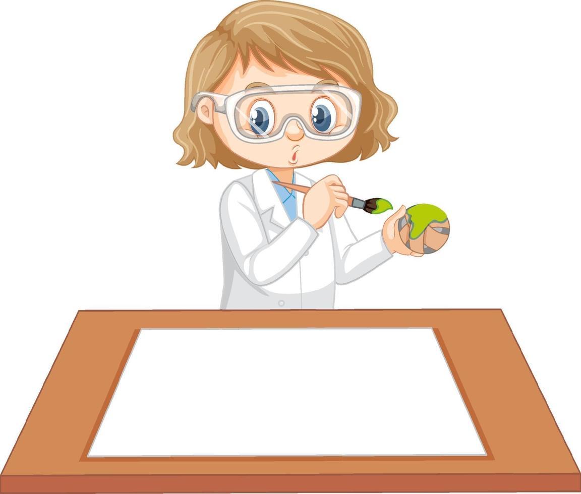 Cute girl wearing scientist uniform with blank paper on the table vector