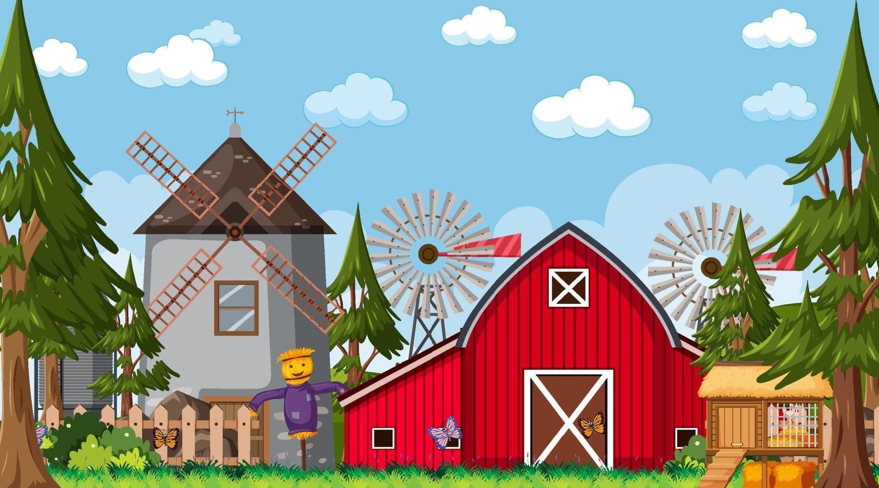 Empty farm scene with red barn and windmill vector