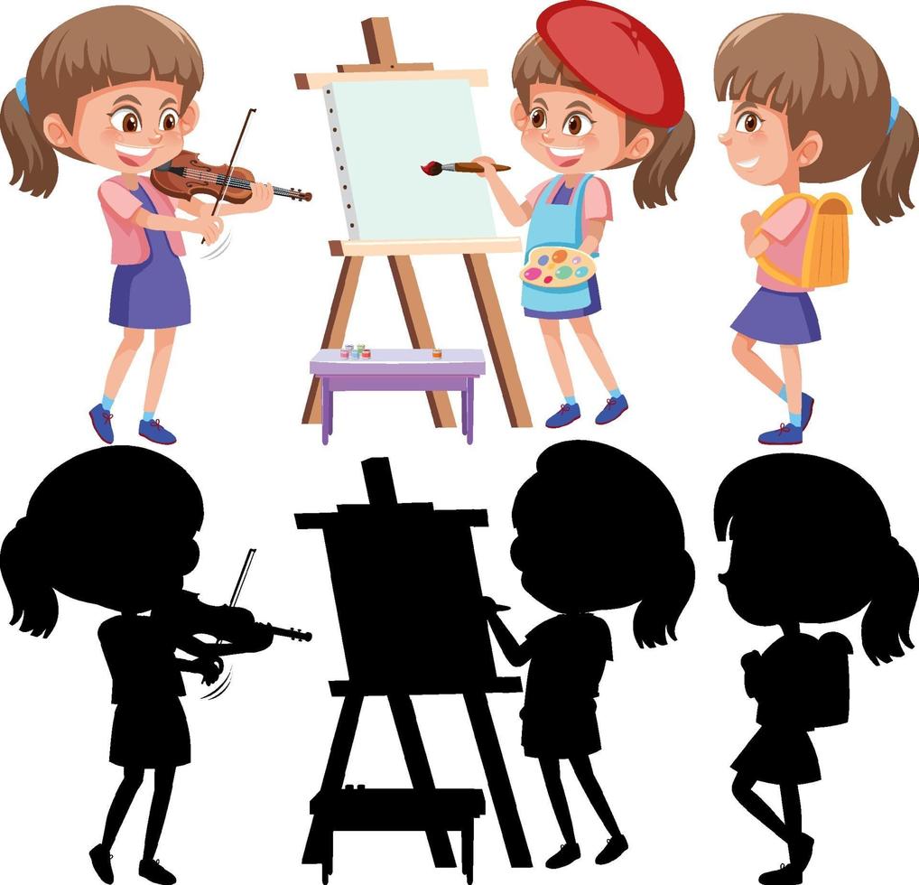 conjunto de un personaje de dibujos animados de niña haciendo diferentes actividades con su silueta vector