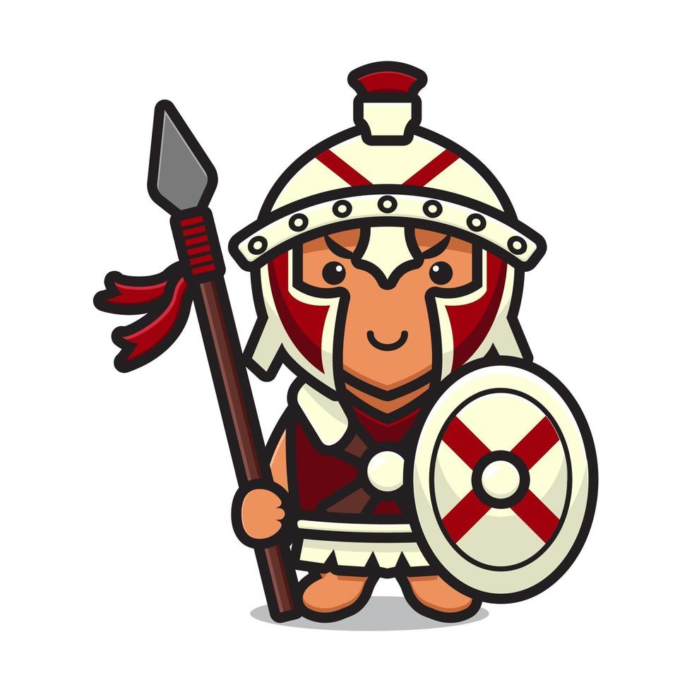 Cute roman knight mascot character holding spear and shield cartoon vector icon illustration