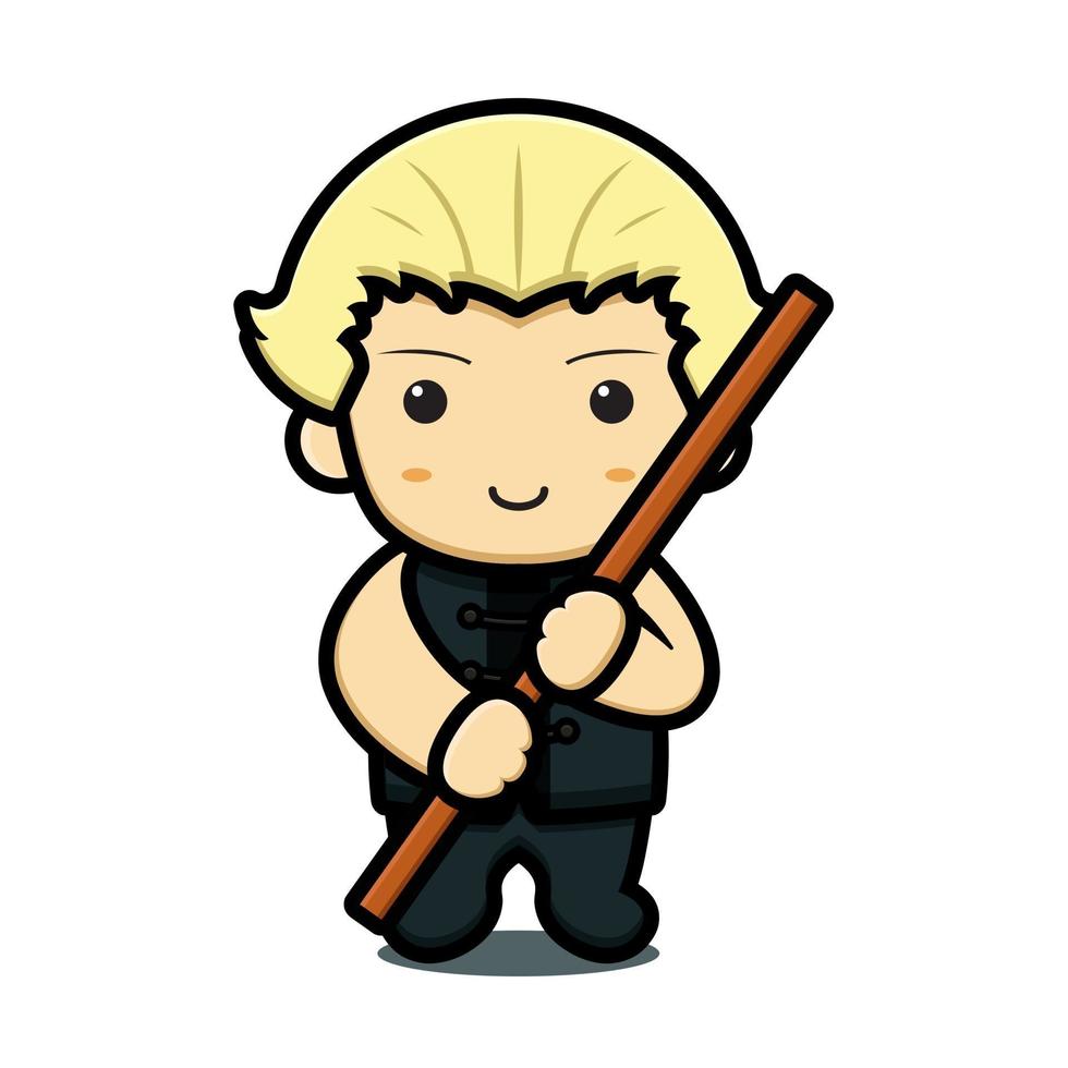 Cute boy martial art mascot character holding wooden stick vector cartoon icon illustration