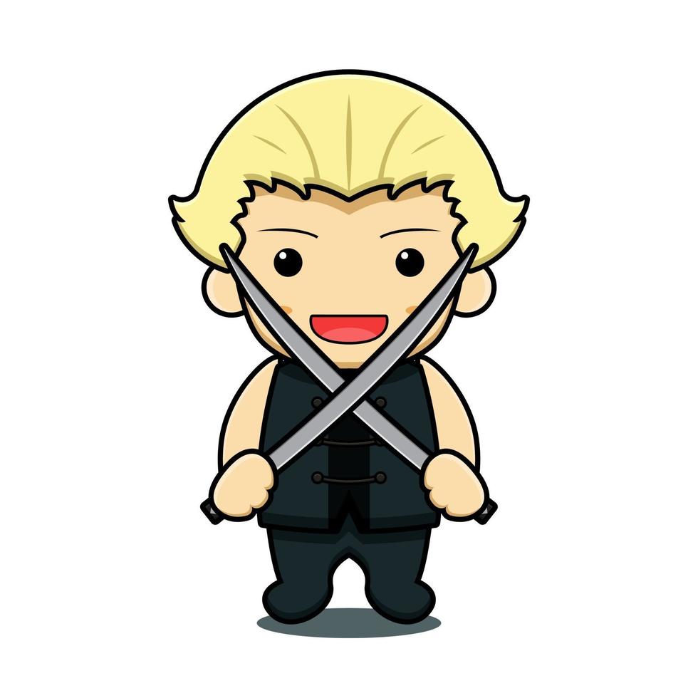 Cute boy martial art mascot character holding two sword vector cartoon icon illustration