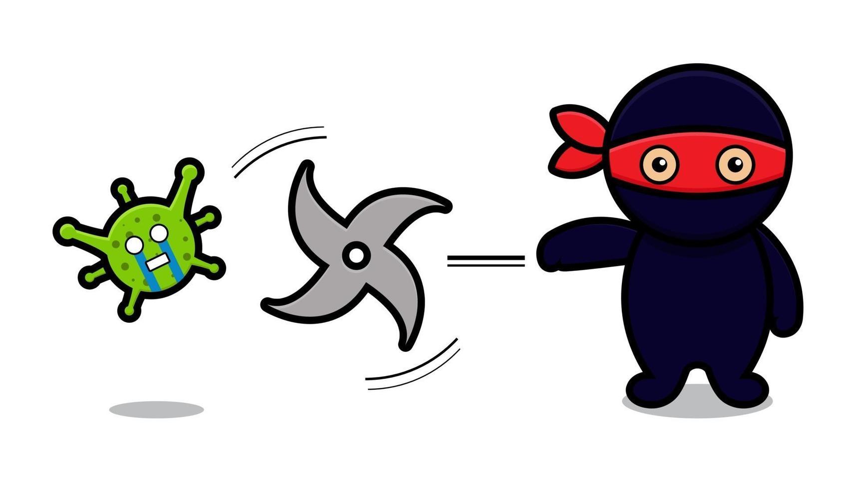 Lindo personaje de mascota ninja lucha contra la ilustración de icono de vector de dibujos animados de virus