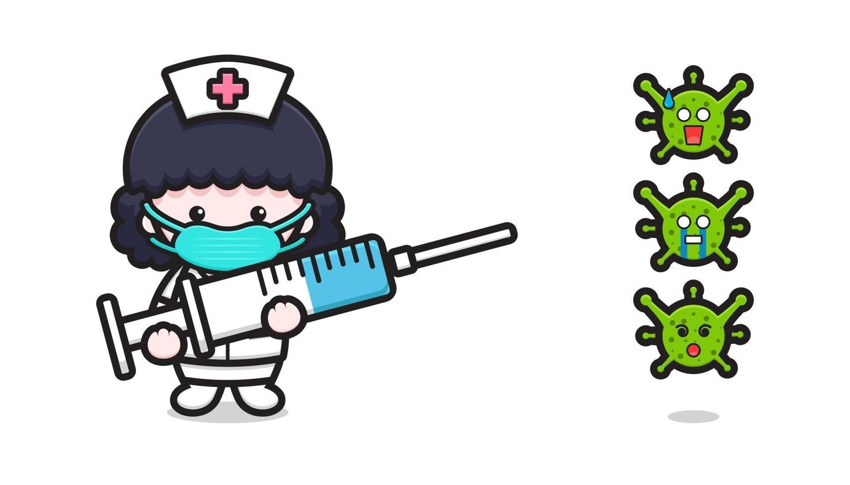 Cute nurse mascot character fight against virus cartoon vector icon illustration