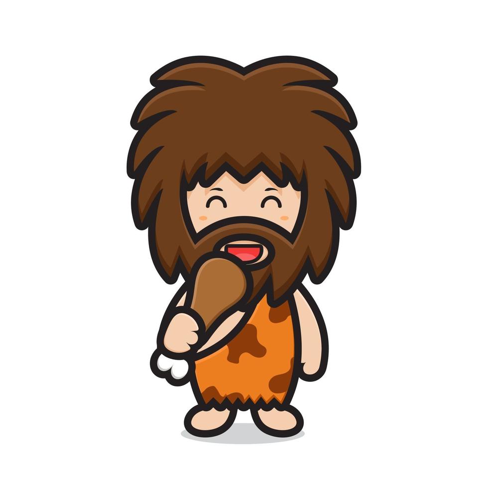 cute ancient man character holding meat vector