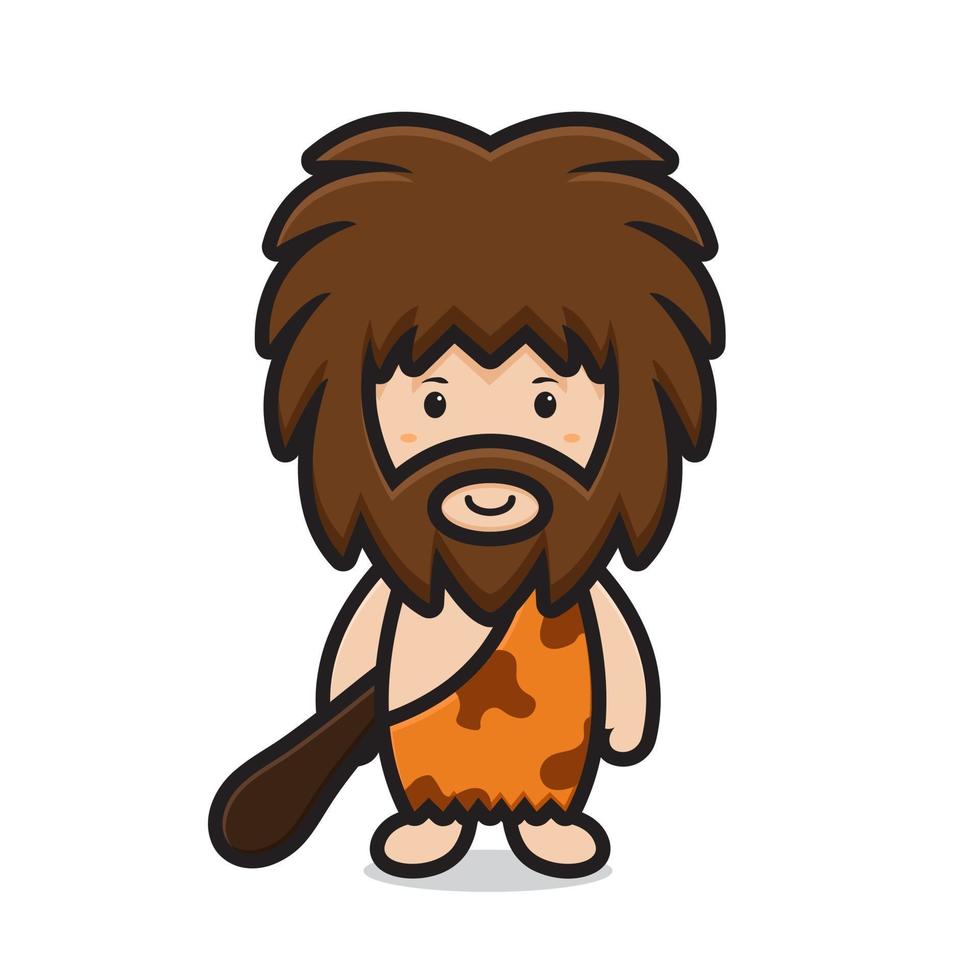 cute ancient man character holding wood mace vector