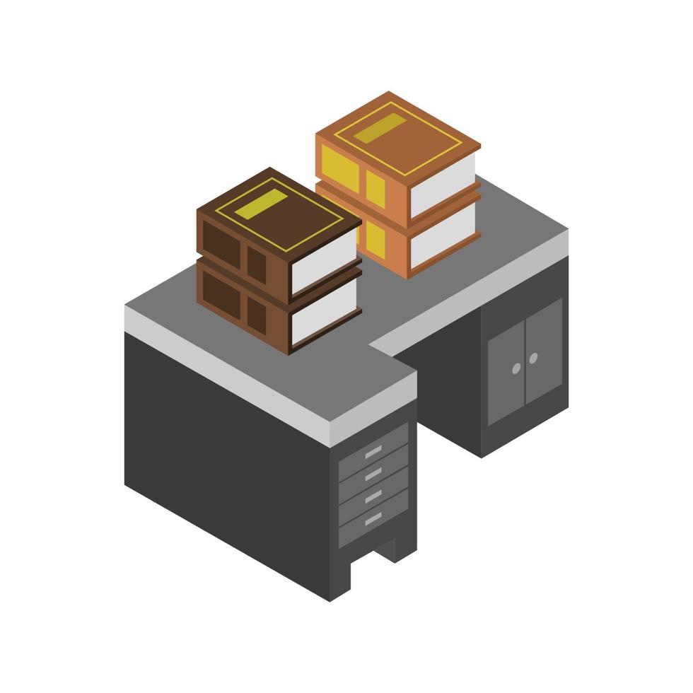 Isometric Desk With Books On White Background vector