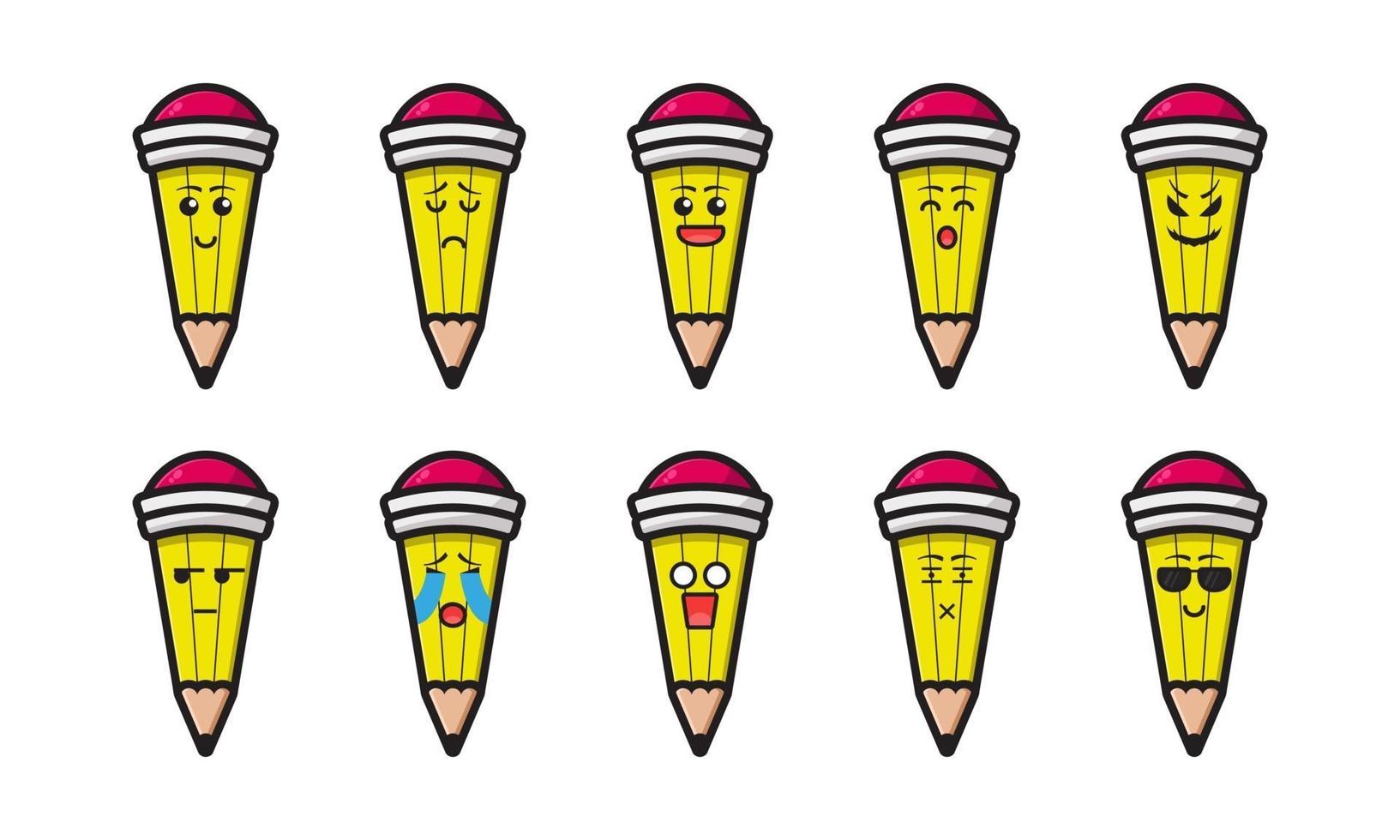 Set of cute pencil mascot with different expression cartoon vector icon illustration