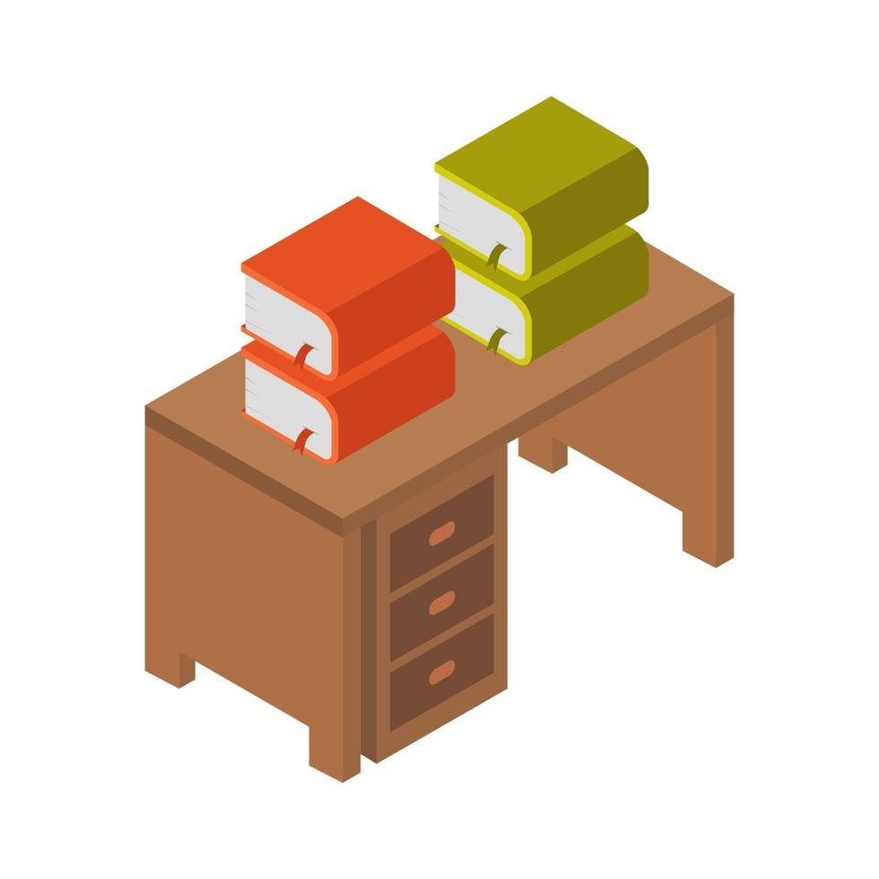 Isometric Desk With Books On White Background vector