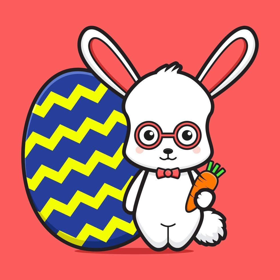 Cute rabbit character wearing glasses and holding carrot with egg cartoon vector icon illustration