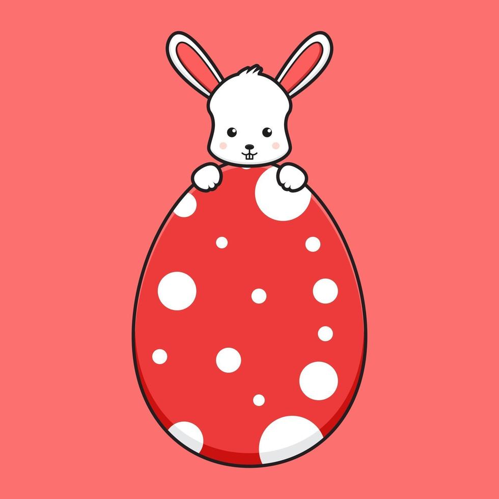 Cute rabbit character hiding behind egg cartoon vector icon illustration