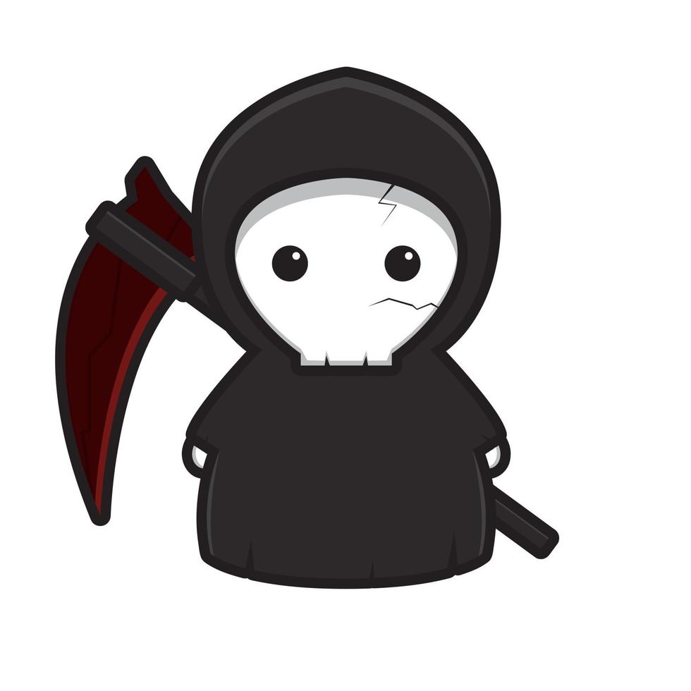 Cute grim reaper mascot character with red scythe vector cartoon icon illustration