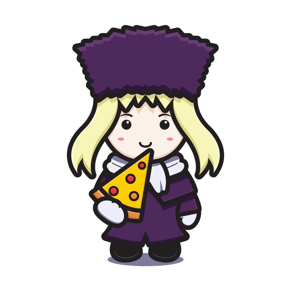 Cute girl with winter costume mascot character eat pizza vector cartoon icon illustration