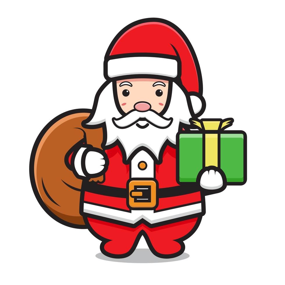 cute santa claus character holding box gift and bag vector