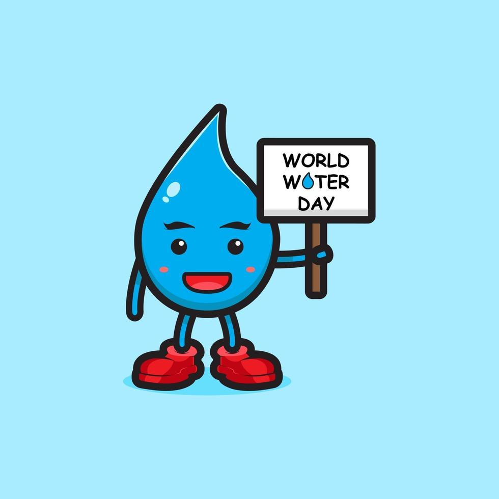 Cute water character holding board world water day cartoon vector icon illustration