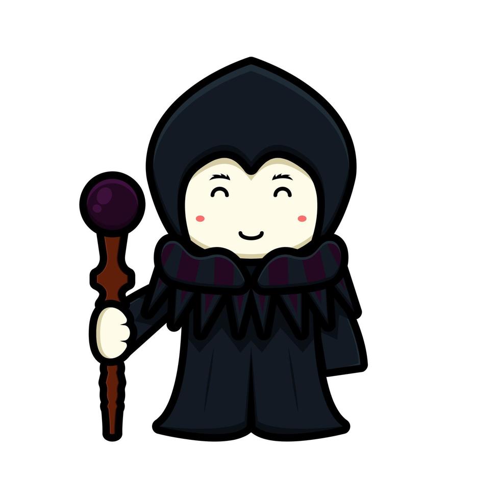 Cute witch mascot character with happy face holding magic staff cartoon vector icon illustration