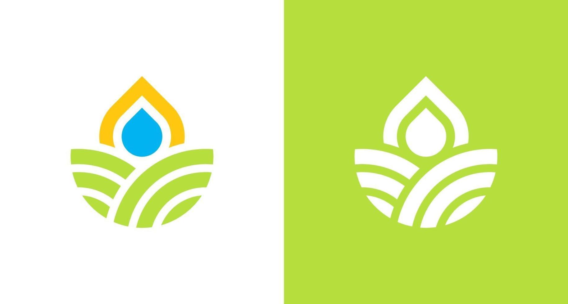 Logotipo de tierra de agricultura natural y orgánica con gota de agua y elemento sol, logotipo ambiental simple vector