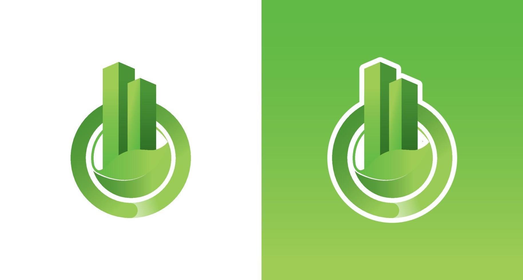 green building logo with leaves element, organic building logo, environmental resident logo vector