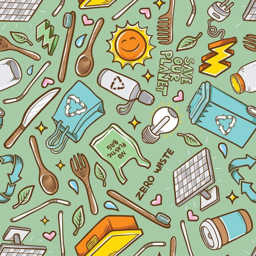 doodles zero waste hand drawn seamless pattern background vector