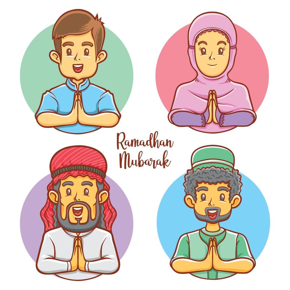 characters of muslim greeting ramadhan mubarak illustration vector