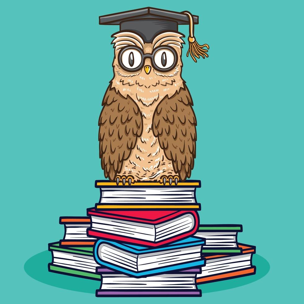 bird animal owl sitting on books illustration vector