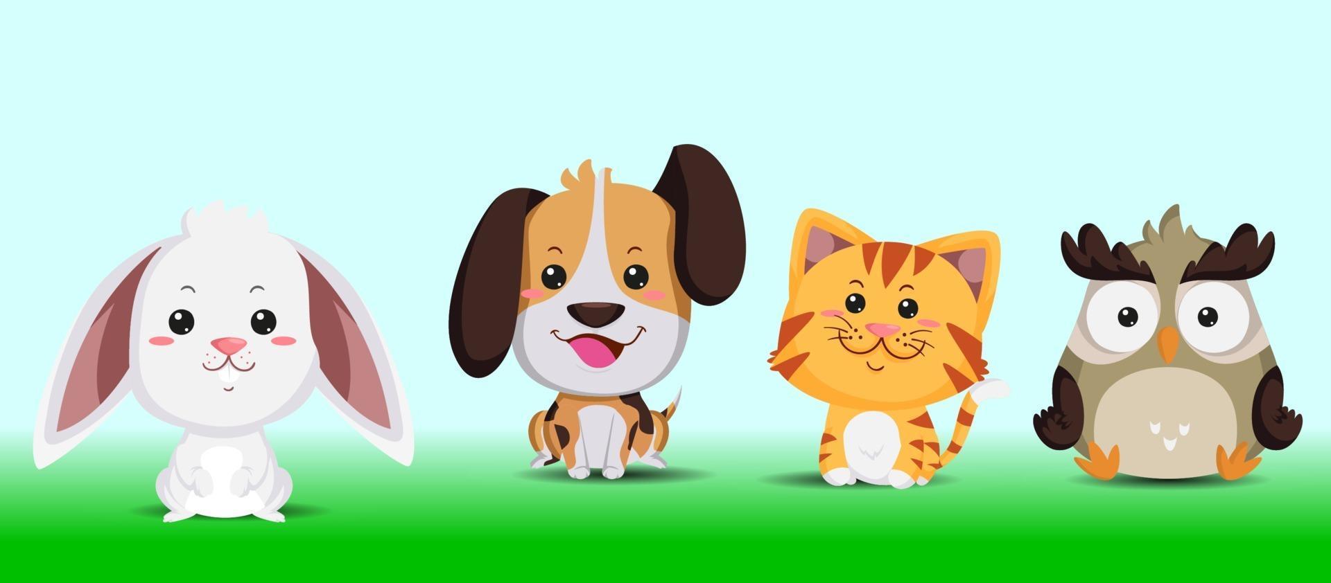 Ilustración lindo conjunto de conejito animal, perro, tigre y búho vector