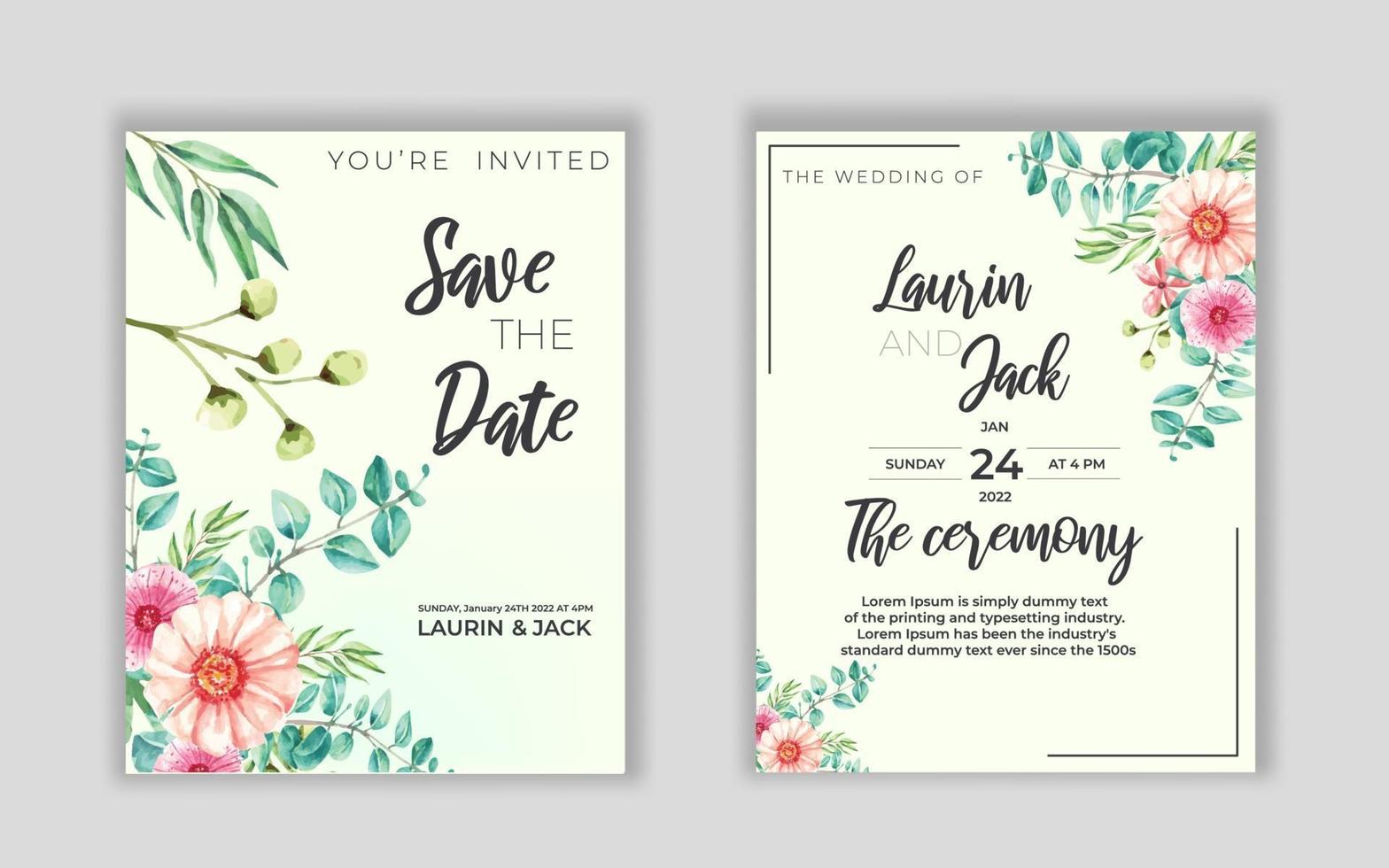 tarjeta de invitación de boda floral dorada guardar el diseño de fecha con flores rosadas vector